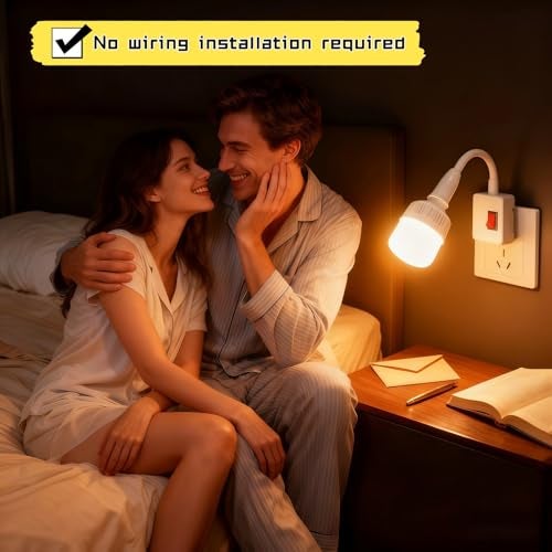 RyanDesign 2-Pack E26/E27 Socket Extension with On/Off Switch, 360° Fully Flexible Neck Plug-in Light Socket Adapter, No Wiring Needed,Flame Retardant PC,for Bedroom,Night Light,Garage,Closet,and Bulb Camera - Image 2