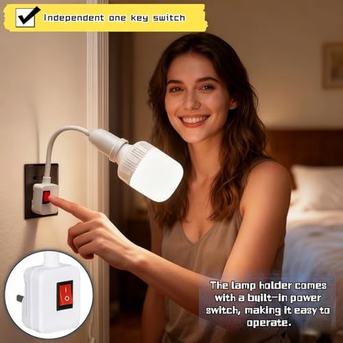 RyanDesign 2-Pack E26/E27 Socket Extension with On/Off Switch, 360° Fully Flexible Neck Plug-in Light Socket Adapter, No Wiring Needed,Flame Retardant PC,for Bedroom,Night Light,Garage,Closet,and Bulb Camera - Image 3