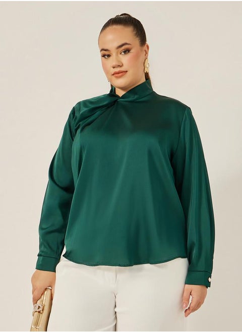 Plus Size Satin Twist Neck Regular Fit Blouse