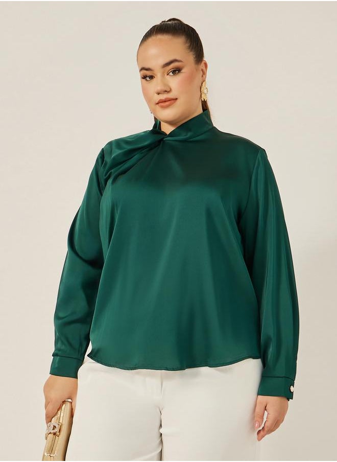 Styli Plus Size Satin Twist Neck Regular Fit Blouse  - Image 1