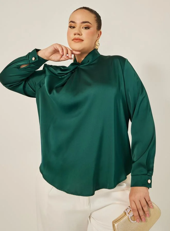 Styli Styli Plus Size Satin Twist Neck Regular Fit Blouse