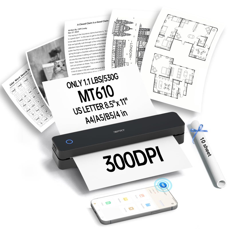 iDPRT Portable Printers Wireless for Travel300dpi Mini Thermal Printer A4Bluetooth Printer for TravelHomeStudyWireless Printers for Home Use Compatible with iOSAndroid and PCBlack - Image 2