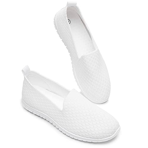 BABUDOG Women's Mesh Flats Shoes Breathable Slip on Shoes Casual Black and White Flats Comfortable Walking Shoes(White.US8) - Image 1