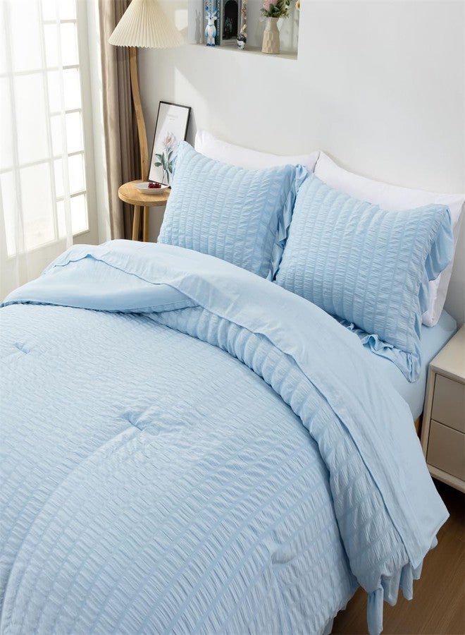 NTBED طقم لحاف من قماش السيرسيكر من إن تي بيد للبنات والأطفال، أطقم مفروشات ناعمة وأنيقة مكشكشة، 5 قطع سرير أميرة في حقيبة (أزرق، مفرد) - Image 2