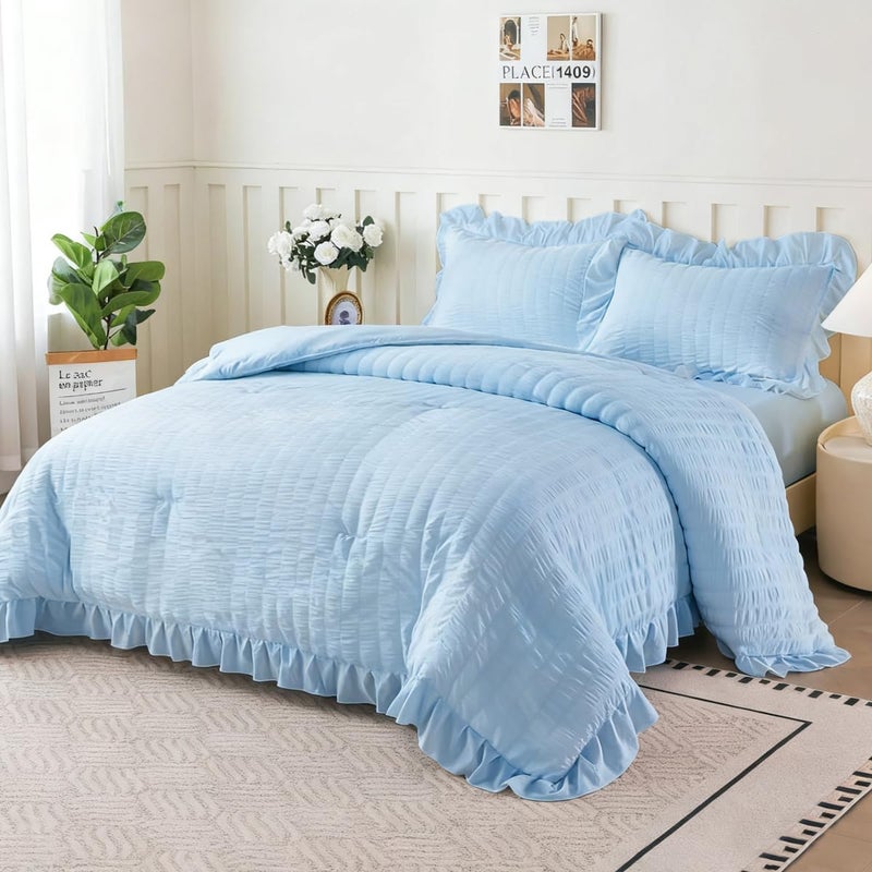 NTBED طقم لحاف من قماش السيرسيكر من إن تي بيد للبنات والأطفال، أطقم مفروشات ناعمة وأنيقة مكشكشة، 5 قطع سرير أميرة في حقيبة (أزرق، مفرد) - Image 1