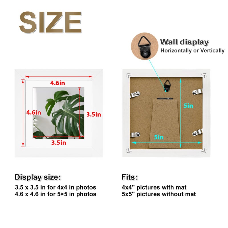Egofine Egofine 5x5 Picture Frames Set of 4  Made of Solid Wood Covered by Plexiglass Display 4x4 with Mat or 5x5 without Mat  for Table Top Display and Wall Mounting Photo Frame  White  - Image 3