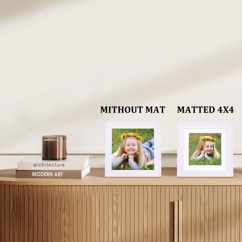Egofine Egofine 5x5 Picture Frames Set of 4  Made of Solid Wood Covered by Plexiglass Display 4x4 with Mat or 5x5 without Mat  for Table Top Display and Wall Mounting Photo Frame  White  - Image 4