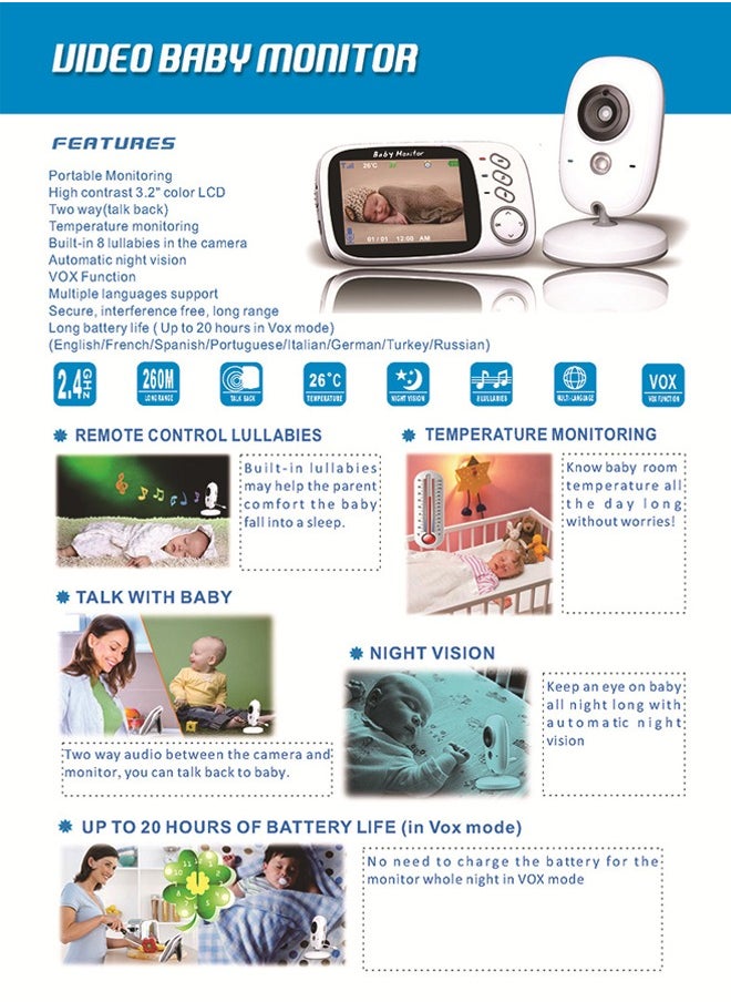 OASIS DESERT - 3.2 Inch LCD Display Baby Wireless Video Monitor With Night Vision, Room Temperature Monitoring - Image 1