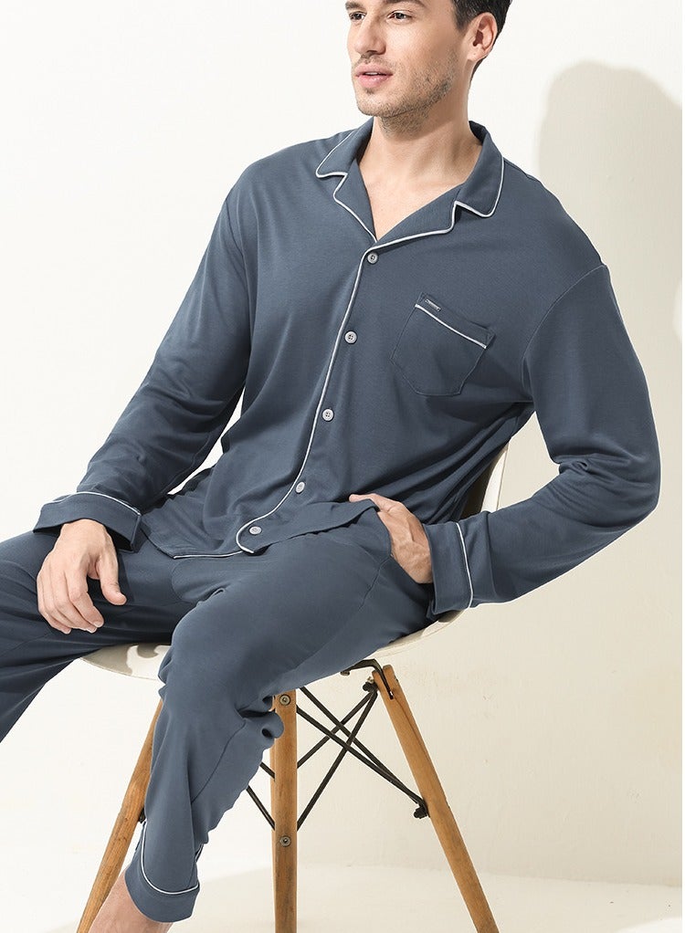 Loquat Men's Casual Long Sleeve Lapel Shirt And Pants Set 2-Piece Set Skin-Friendly Pyjamas Sleepwear Lounge Wear Dark Grey  - Image 1