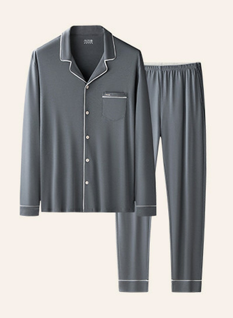Loquat Men's Casual Long Sleeve Lapel Shirt And Pants Set 2-Piece Set Skin-Friendly Pyjamas Sleepwear Lounge Wear Dark Grey  - Image 2