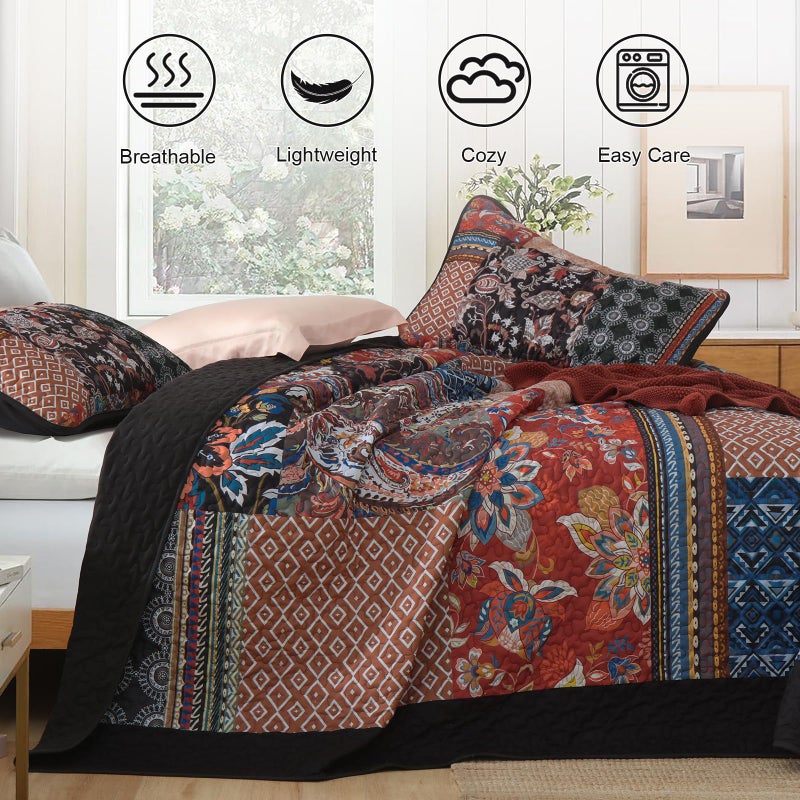 DJY Patchwork Quilt Set King Size Boho Bedspread Coverlet, Black Coral 3 Pieces Paisley Floral Farmhouse Quilted Bedding Set, Lightweight Bohemian Reversible Bed Cover for All Season 110''x90'' - Image 3