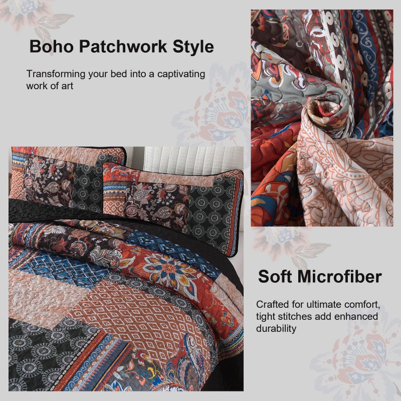 DJY Patchwork Quilt Set King Size Boho Bedspread Coverlet, Black Coral 3 Pieces Paisley Floral Farmhouse Quilted Bedding Set, Lightweight Bohemian Reversible Bed Cover for All Season 110''x90'' - Image 5