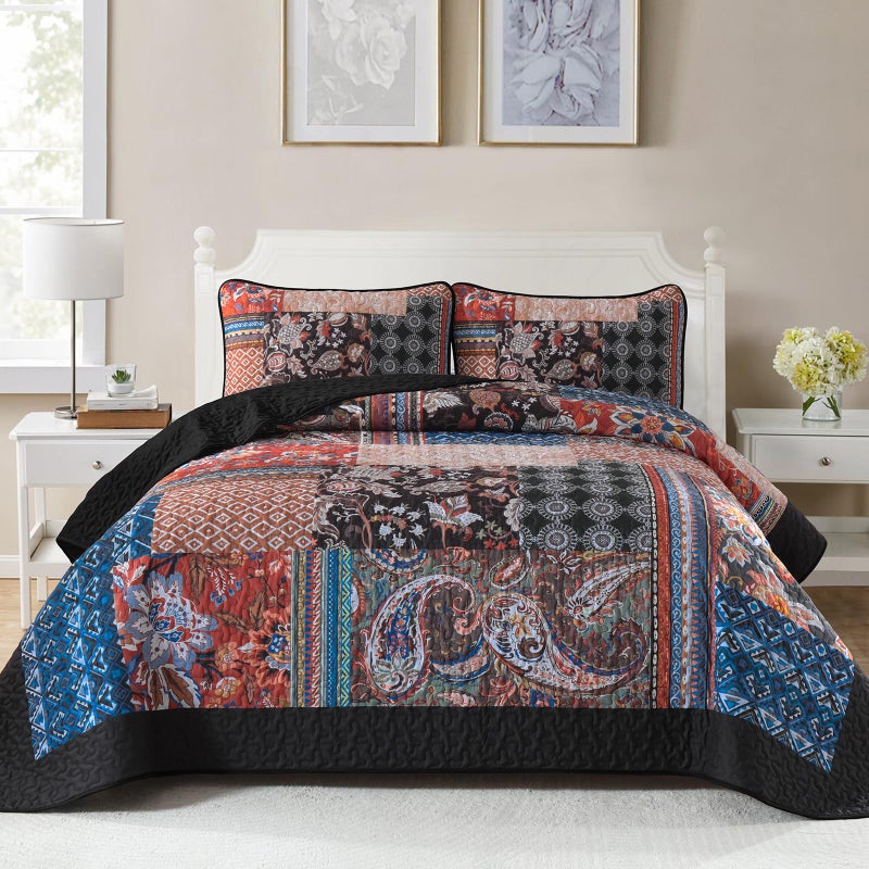 DJY Patchwork Quilt Set King Size Boho Bedspread Coverlet, Black Coral 3 Pieces Paisley Floral Farmhouse Quilted Bedding Set, Lightweight Bohemian Reversible Bed Cover for All Season 110''x90'' - Image 1