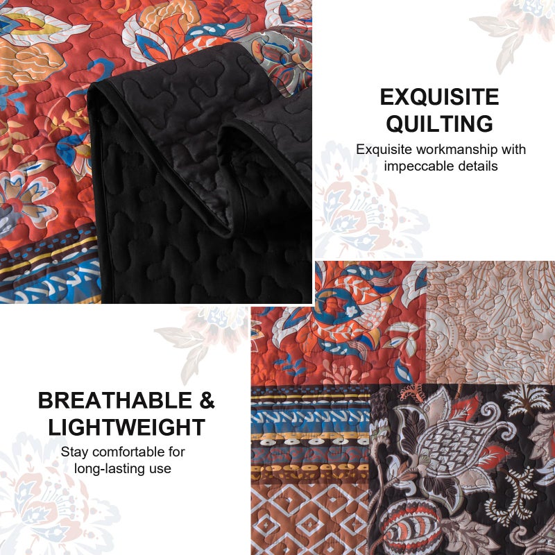 DJY Patchwork Quilt Set King Size Boho Bedspread Coverlet, Black Coral 3 Pieces Paisley Floral Farmhouse Quilted Bedding Set, Lightweight Bohemian Reversible Bed Cover for All Season 110''x90'' - Image 4