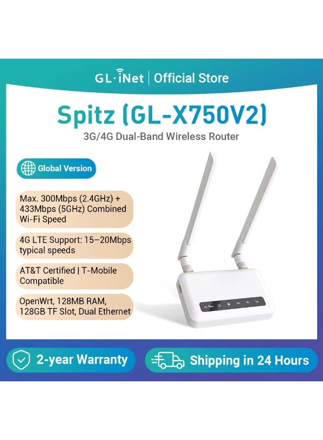 GL.iNet GL-X750V2 (Spitz) 4G LTE OpenWrt VPN Router, AC750 Dual-Band Wi-Fi, RV & Offshore Internet, VPN Client and Server, IoT Gateway, MicroSD Card Slot, Global Version