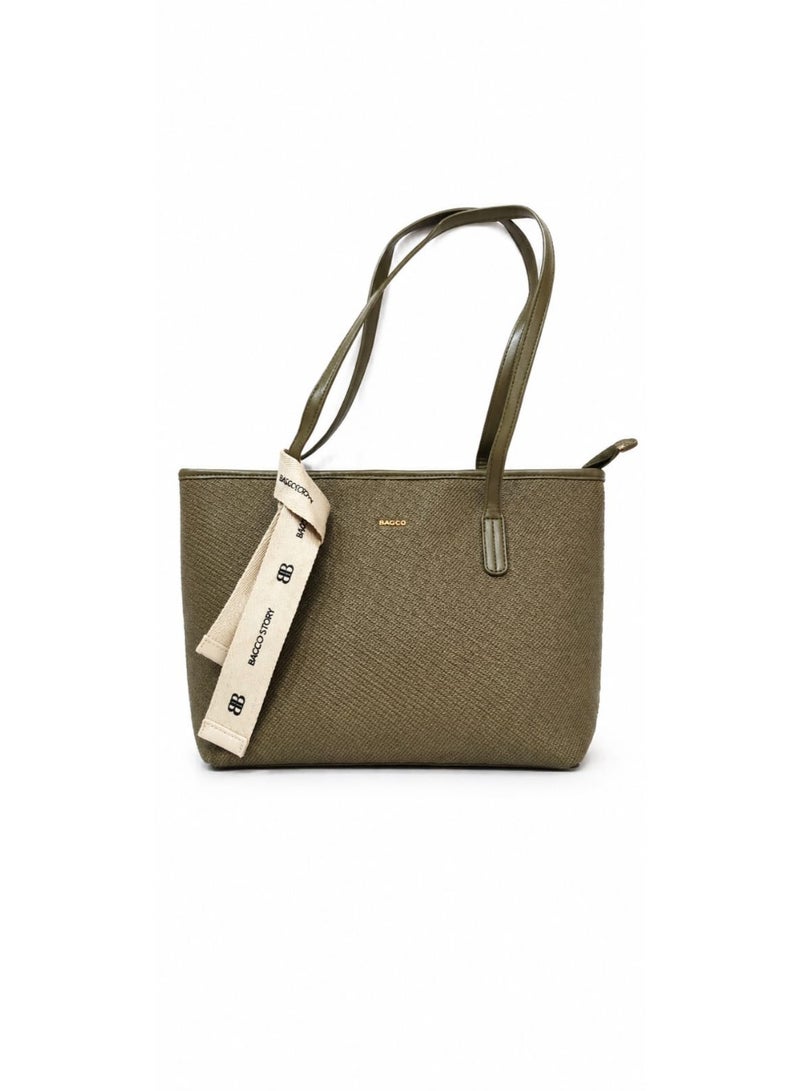 BAGCO Elegant Olive Green Tote Bag – Premium PU Leather Shoulder Bag with Logo Strap Accent - Image 1