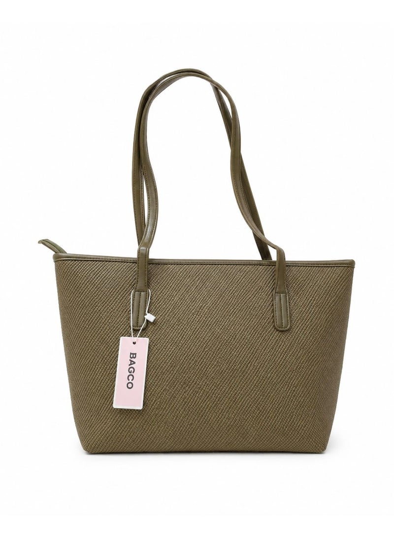 BAGCO Elegant Olive Green Tote Bag – Premium PU Leather Shoulder Bag with Logo Strap Accent - Image 2