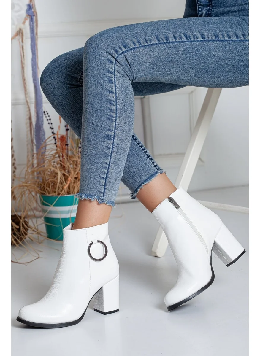 Dilimler Ayakkabı Slices Shoes Zippered Wrinkled Patent Leather White Women's Heeled Boots