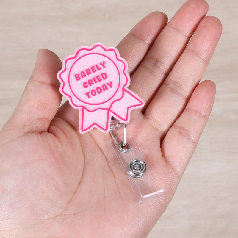 BEZTN Barely Cried Today Funny Badge Reel, Cute Pink Ribbon Retractable ID Card Badge Holder, Name Tag Medical Work Badge Clip for RN LPN CNA MA ER Night Shift Nurse Paramedic Doctor Teachers, Nurse Gifts - Image 2