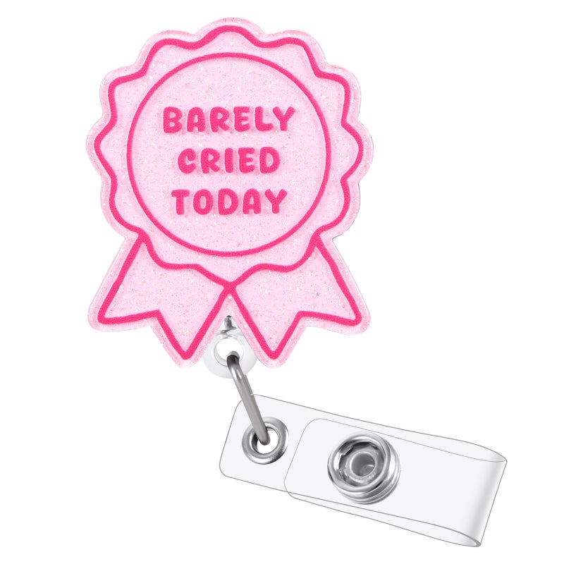 BEZTN Barely Cried Today Funny Badge Reel, Cute Pink Ribbon Retractable ID Card Badge Holder, Name Tag Medical Work Badge Clip for RN LPN CNA MA ER Night Shift Nurse Paramedic Doctor Teachers, Nurse Gifts - Image 1