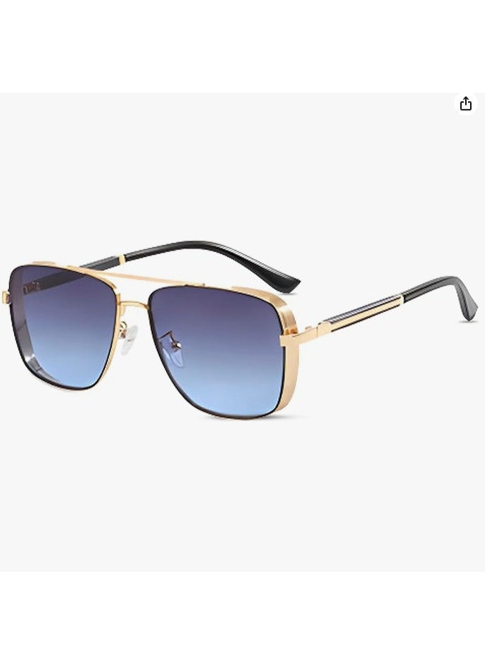 نظارات شمسية رجالية بإطار ذهبي طراز أفياتور بعدسات متدرجة باللون الأزرق، هيكل معدني خفيف الوزن، مناسبة للقيادة والاستخدام اليومي - Image 1