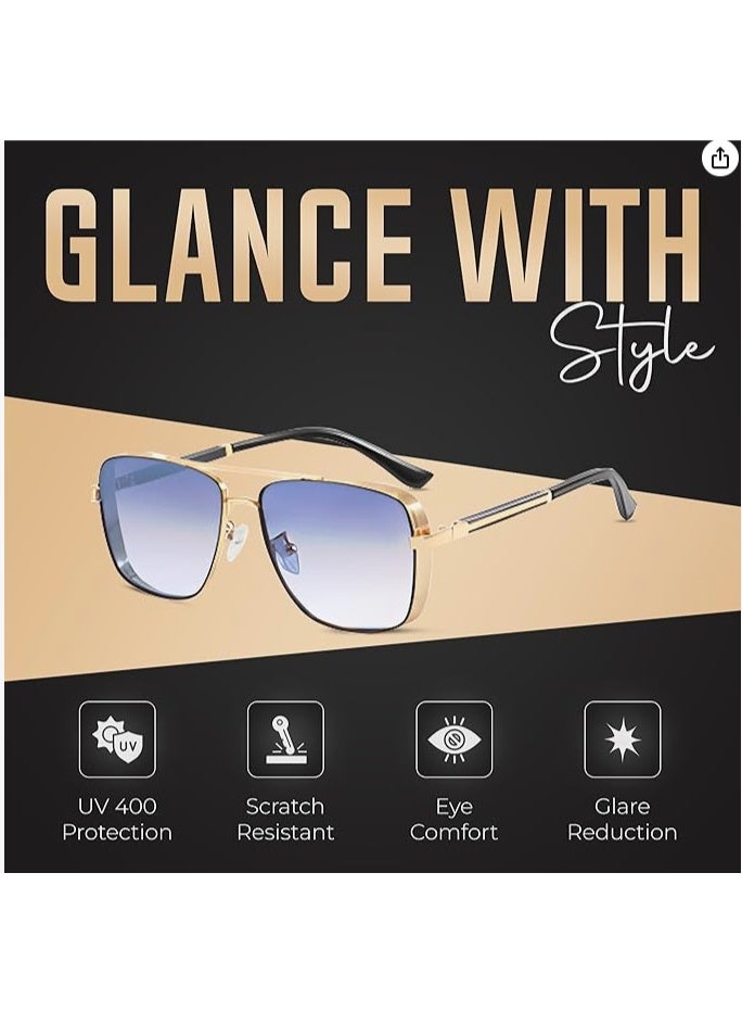 نظارات شمسية رجالية بإطار ذهبي طراز أفياتور بعدسات متدرجة باللون الأزرق، هيكل معدني خفيف الوزن، مناسبة للقيادة والاستخدام اليومي - Image 2