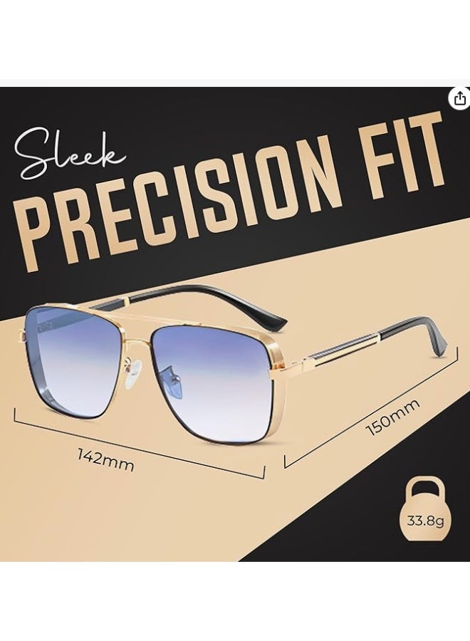 نظارات شمسية رجالية بإطار ذهبي طراز أفياتور بعدسات متدرجة باللون الأزرق، هيكل معدني خفيف الوزن، مناسبة للقيادة والاستخدام اليومي - Image 3