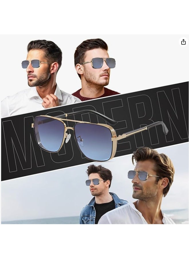 نظارات شمسية رجالية بإطار ذهبي طراز أفياتور بعدسات متدرجة باللون الأزرق، هيكل معدني خفيف الوزن، مناسبة للقيادة والاستخدام اليومي - Image 4