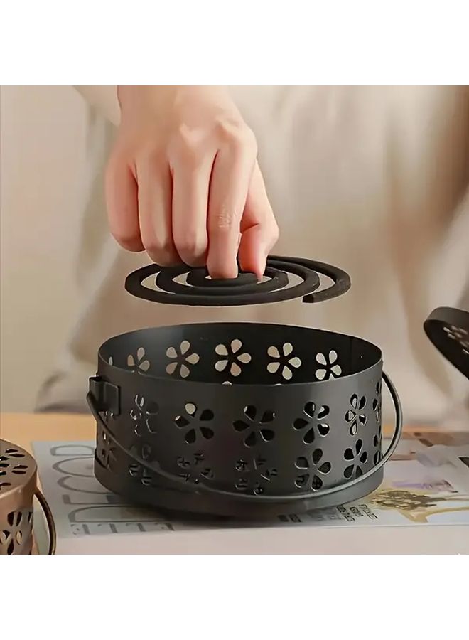 Pink Retro Mosquito Coil Holder With Plum Blossom Pattern Fireproof Incense Burner Portable Circular Design With Handle For Indoor Outdoor Use No Electricity Needed Camping Christmas Halloween New Year Decorations Mosquito Repellent Device - Image 2