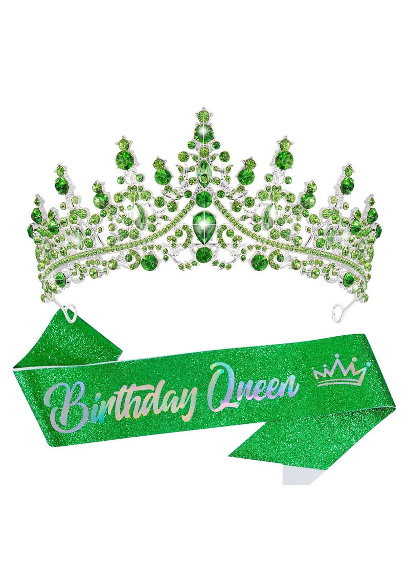 Velscrun VELSCRUN Birthday Queen Tiara Crowns for Women Girls Green Crystal Birthday Queen Headband Sash Elegant Princess Crown Happy Birthday Party Decorations Mom Sisters Birthday Gift Hair Accessories 