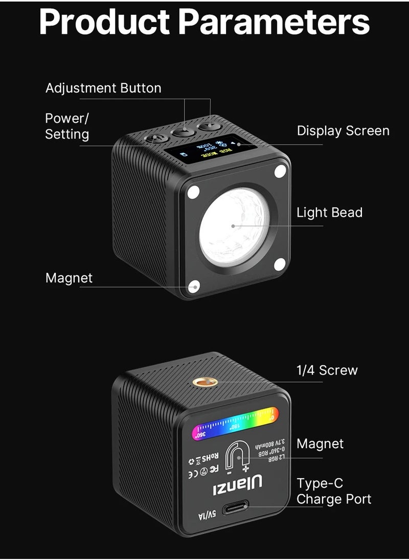 Ulanzi - L2 RGB Mini COB Video Camera, Light Dimmable, 360° Full-Color Light, with Diffuser Honeycomb Photography, for DSLR Camera - Image 1