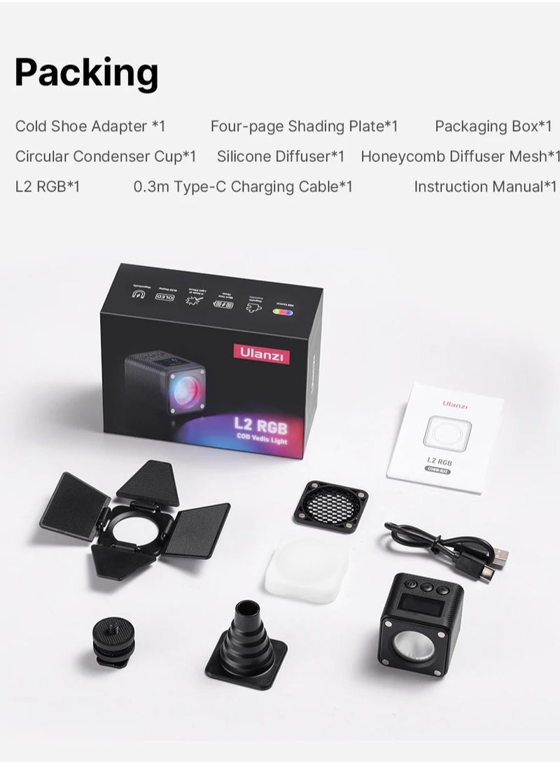 Ulanzi - L2 RGB Mini COB Video Camera, Light Dimmable, 360° Full-Color Light, with Diffuser Honeycomb Photography, for DSLR Camera - Image 1