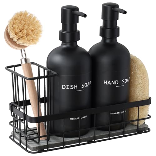 RYTOXILO Dish Soap Dispenser for Kitchen 169 fl oz Black Hand and Dish Soap Dispenser Set Kitchen Soap Dispenser with Sponge Holder Brush Holder and Loofah Sponge Countertop Sink Organizer Accessories - Image 1