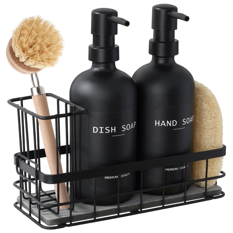 RYTOXILO Dish Soap Dispenser for Kitchen 169 fl oz Black Hand and Dish Soap Dispenser Set Kitchen Soap Dispenser with Sponge Holder Brush Holder and Loofah Sponge Countertop Sink Organizer Accessories - Image 2