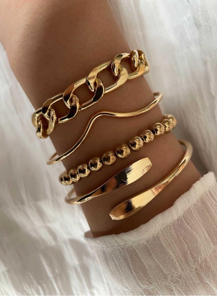 Shein 4 Pcs Women’s Gold Beaded & Asymmetrical Chain Bracelet Set – Stylish Party & Daily Accessories - Image 1