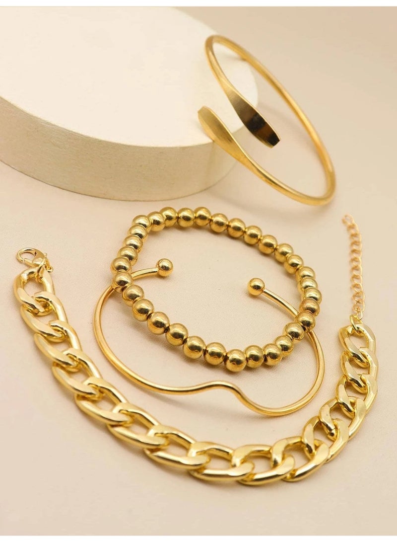 Shein 4 Pcs Women’s Gold Beaded & Asymmetrical Chain Bracelet Set – Stylish Party & Daily Accessories - Image 2