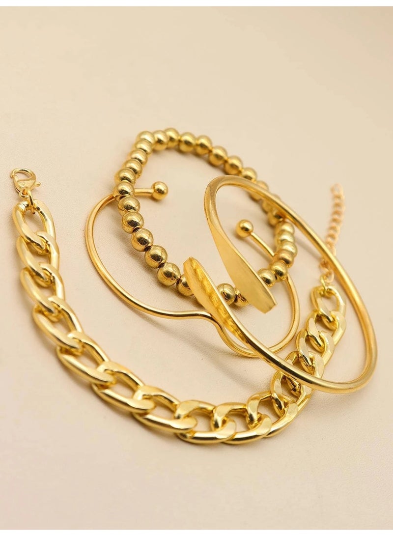 Shein 4 Pcs Women’s Gold Beaded & Asymmetrical Chain Bracelet Set – Stylish Party & Daily Accessories - Image 4