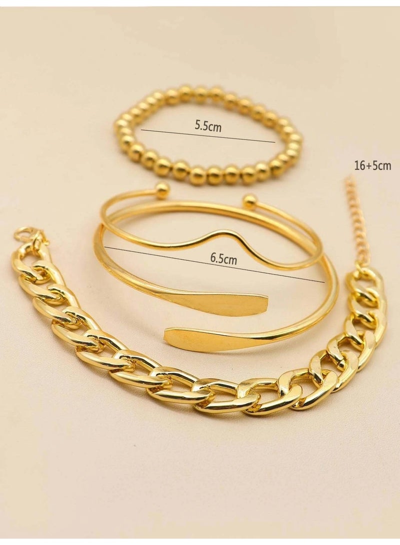 Shein 4 Pcs Women’s Gold Beaded & Asymmetrical Chain Bracelet Set – Stylish Party & Daily Accessories - Image 5