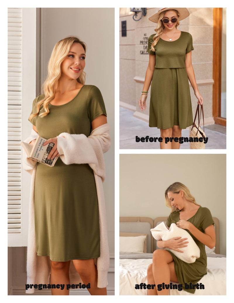 Ekouaer Maternity Nursing Dress for Women Short Sleeve Patchwork Breastfeeding Dress Summer Pregnancy Knee Length Dress Army Green - Image 3