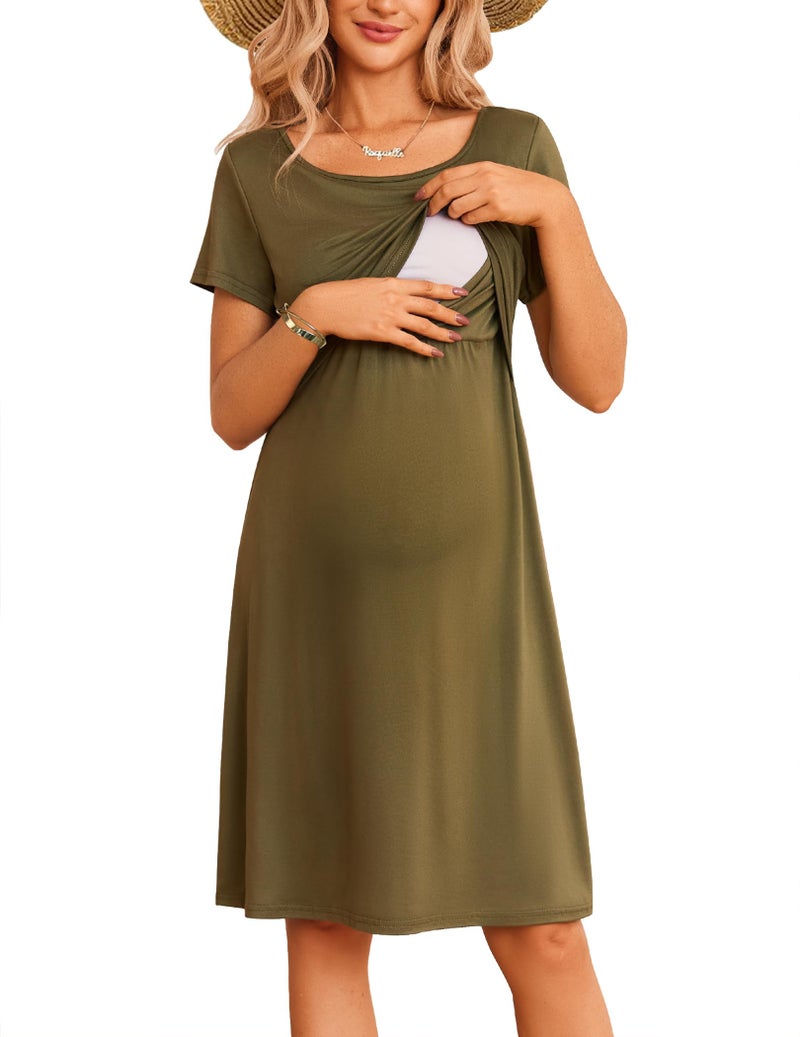 Ekouaer Maternity Nursing Dress for Women Short Sleeve Patchwork Breastfeeding Dress Summer Pregnancy Knee Length Dress Army Green - Image 1