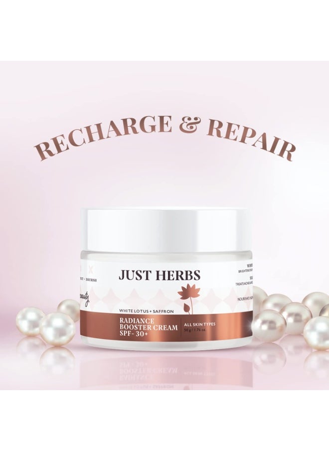 Just Herbs Saffron + White Lotus Radiance Booster Cream with SPF 30+ for Brighter Complexion | For Men & Women- 50g  - Image 2