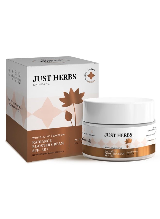 Just Herbs Saffron + White Lotus Radiance Booster Cream with SPF 30+ for Brighter Complexion | For Men & Women- 50g  - Image 1