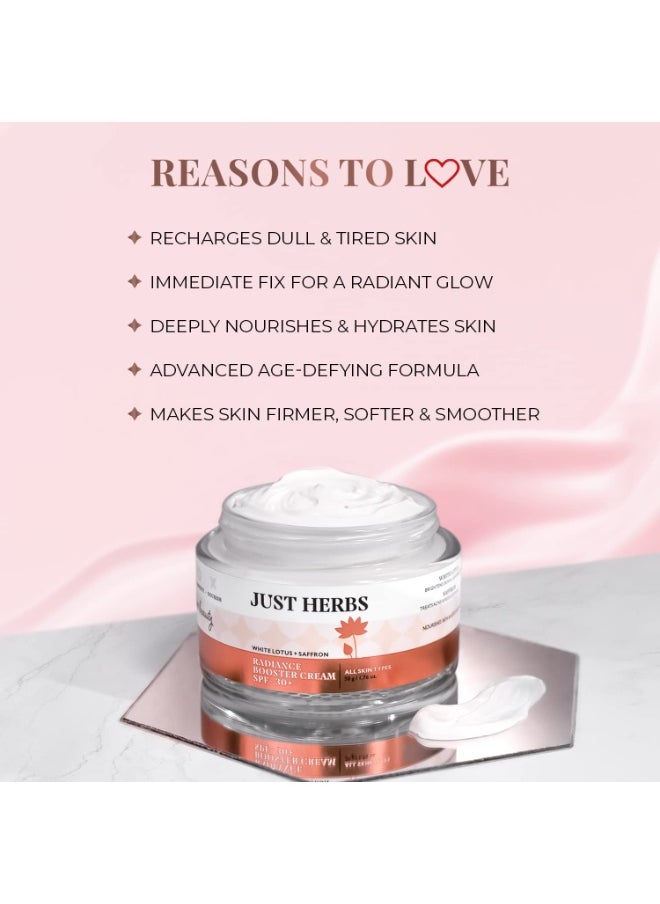 Just Herbs Saffron + White Lotus Radiance Booster Cream with SPF 30+ for Brighter Complexion | For Men & Women- 50g  - Image 4