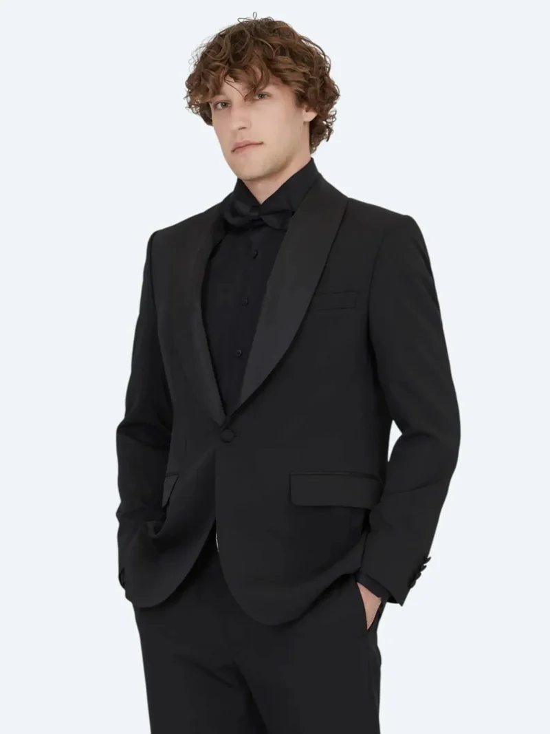 Kip Black Plain Modern Fit Removable Shawl Collar Weaving Tuxedo