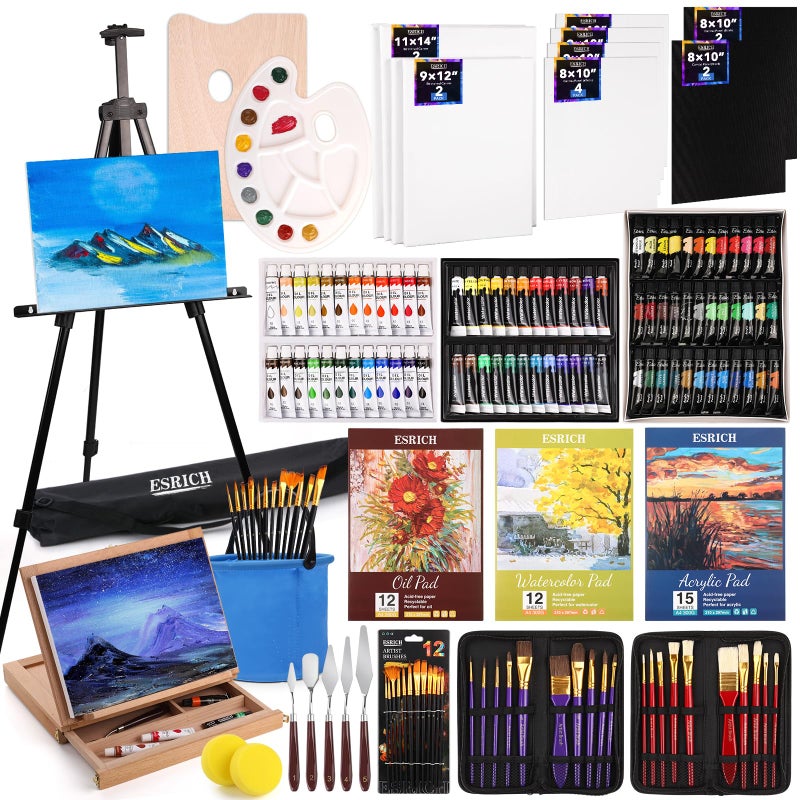 ESRICH 141PCS Deluxe Artist Painting Set Painting Supplies with 84 PaintOil WatercolorAcrylic Paint Metal and Wooden Easels Canvas Paper Pads Paintbrushes etc for Adults Kids Artists