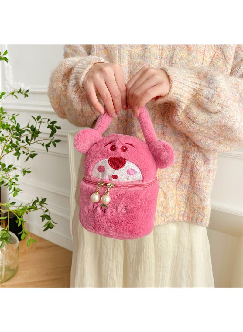 Cute Plush Makeup Bag handbag  Open Flat Travel Toiletry Accessories Organizer Cosmetic Pouch with Handle for Cosmetics Brushes Toiletry Jewelry  - Image 4