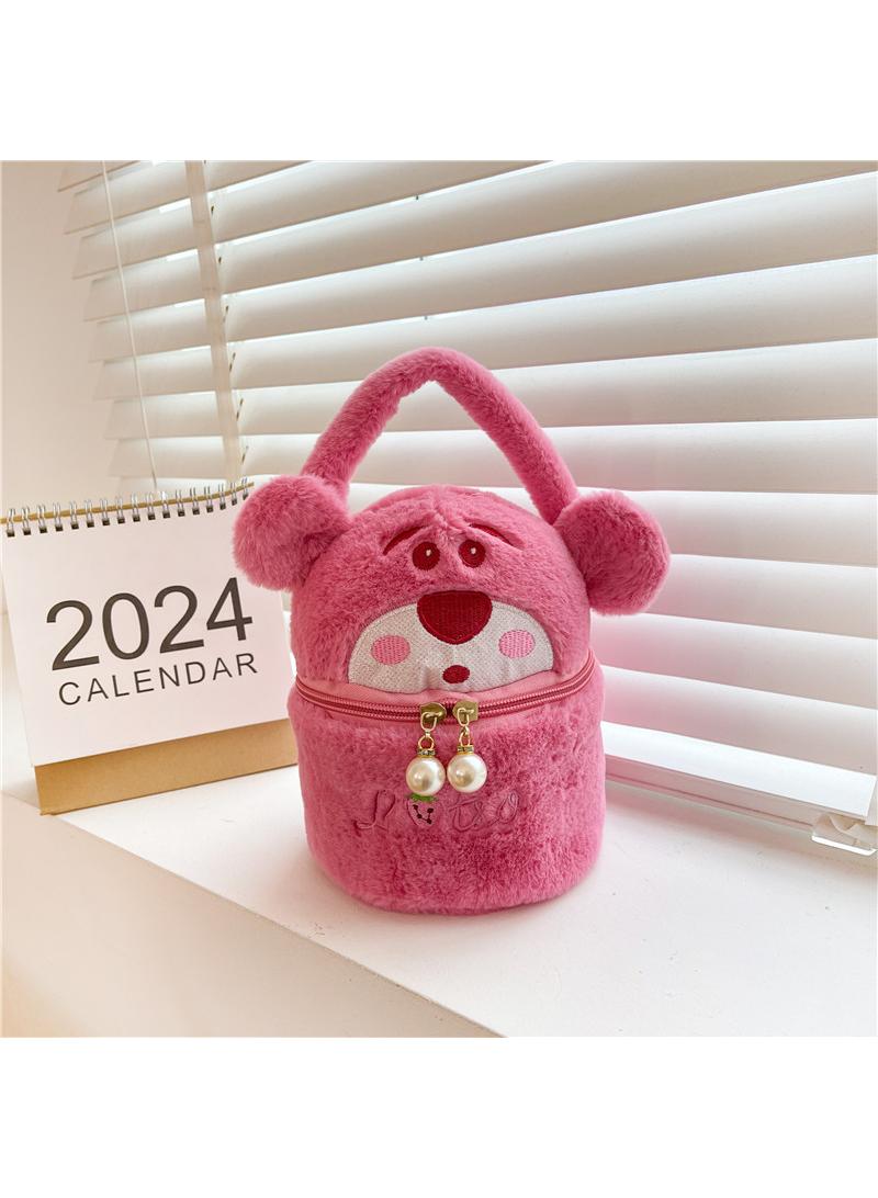 Cute Plush Makeup Bag handbag  Open Flat Travel Toiletry Accessories Organizer Cosmetic Pouch with Handle for Cosmetics Brushes Toiletry Jewelry  - Image 3