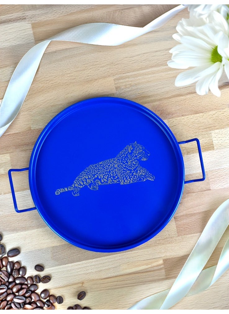 Lin Metal - 24 cm Metal Tray with Handle Round Tea Tray Presentation Tray Metal Coffee Tray with Handle (Tiger Printed) - Image 1
