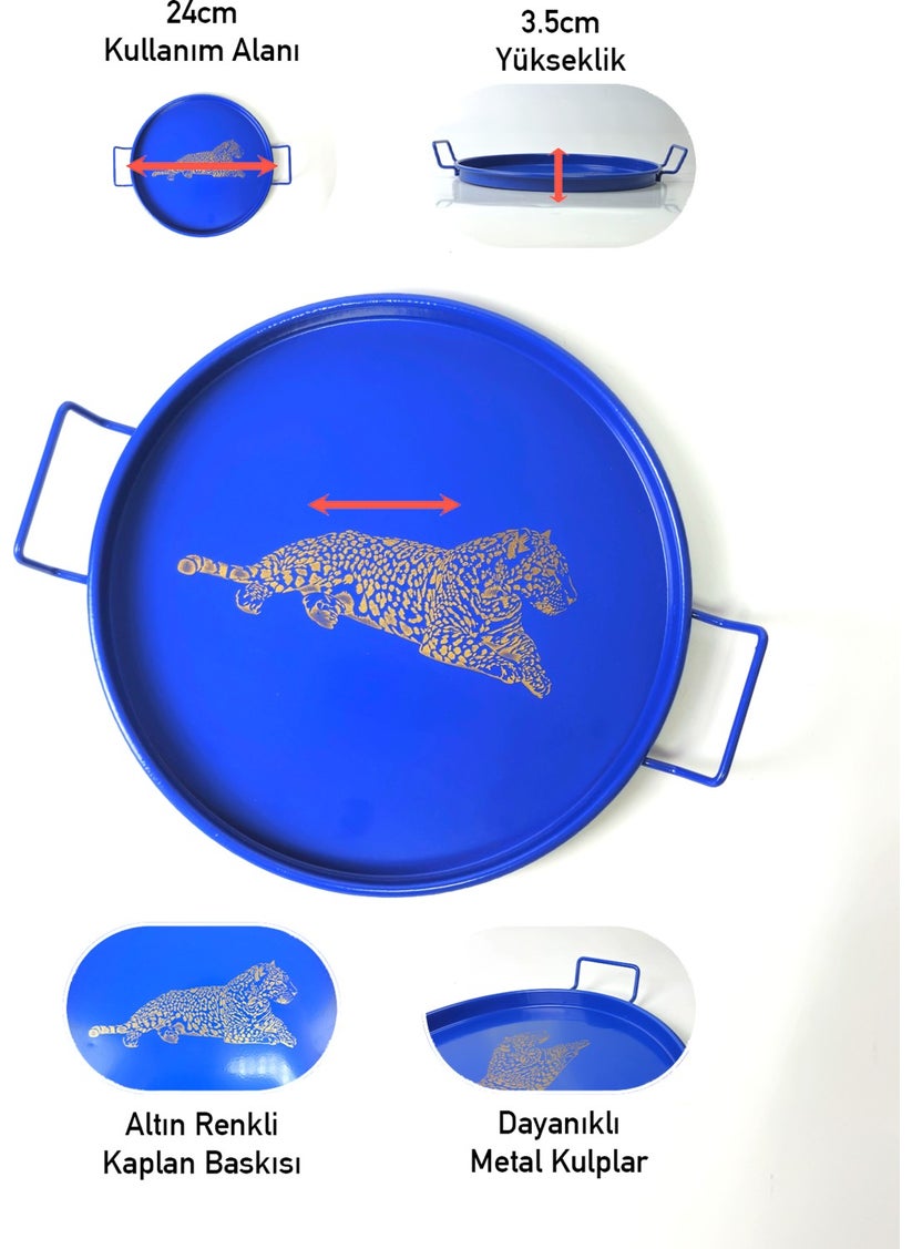 Lin Metal - 24 cm Metal Tray with Handle Round Tea Tray Presentation Tray Metal Coffee Tray with Handle (Tiger Printed) - Image 1