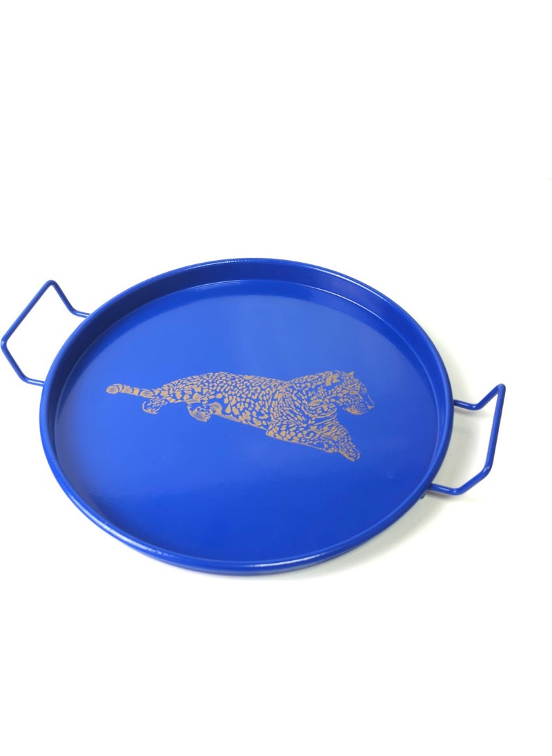Lin Metal - 24 cm Metal Tray with Handle Round Tea Tray Presentation Tray Metal Coffee Tray with Handle (Tiger Printed) - Image 1